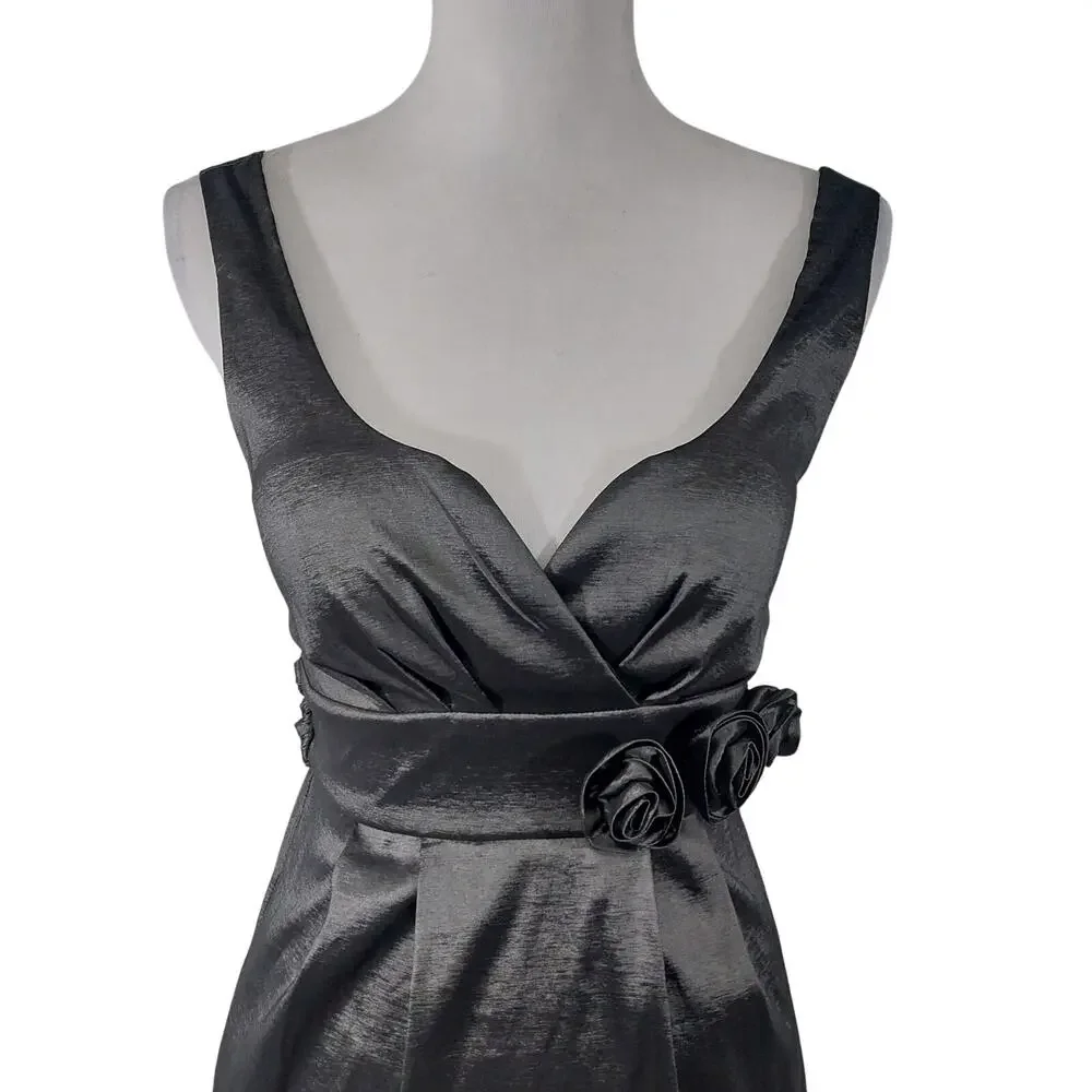 NWT! ALYN PAIGE, N.Y.! DOVE GRAY RAW SATIN, PLEAT FRONT, ROSETTE DRESS! SZ 3/4 - Picture 3 of 9